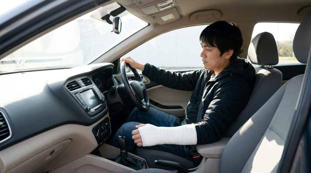 Un homme asiatique portant un plâtre au bras droit est assis au volant d'une voiture.