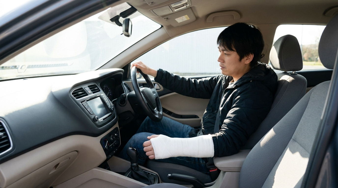 Un homme asiatique portant un plâtre au bras droit est assis au volant d'une voiture.
