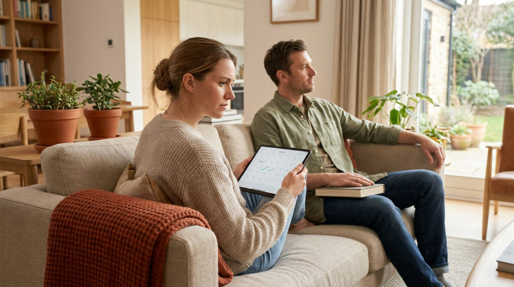 Une femme regarde une tablette avec un calendrier tandis qu'un homme est assis à côté d'elle, l'air distant.
