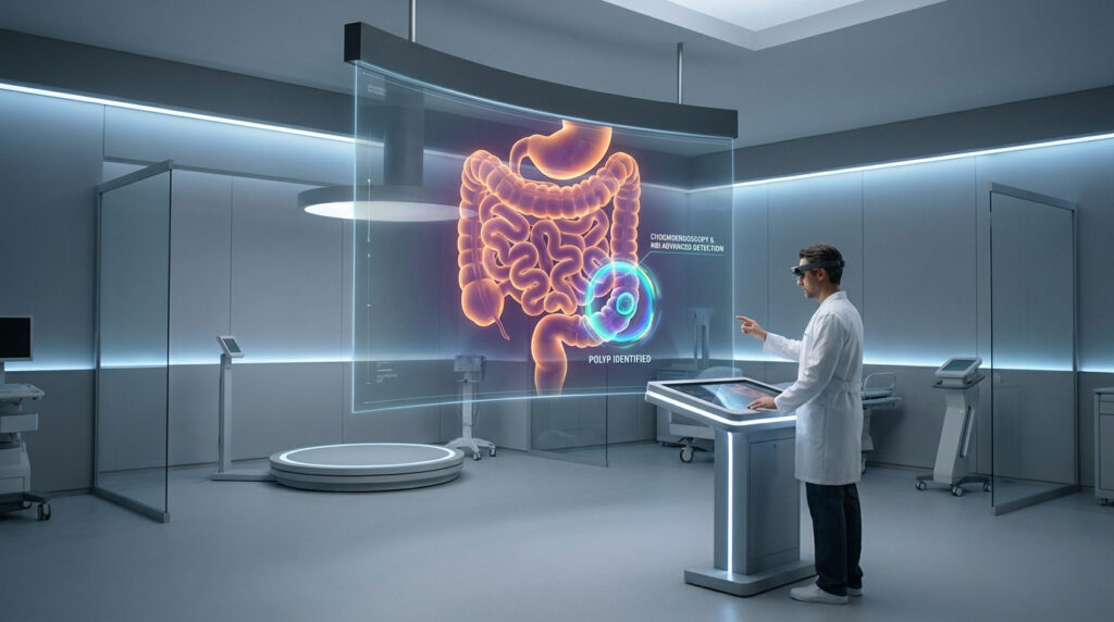Un médecin utilise un casque de réalité augmentée pour examiner une projection holographique du côlon dans un hôpital.