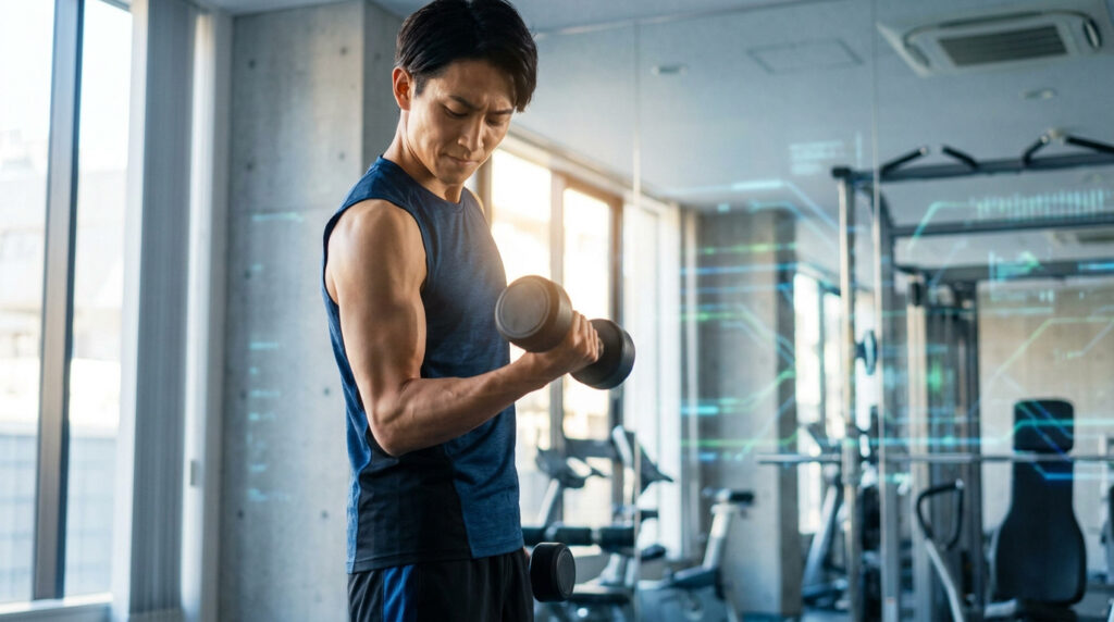 Un homme concentré fait des exercices de musculation avec des haltères dans une salle de sport moderne.