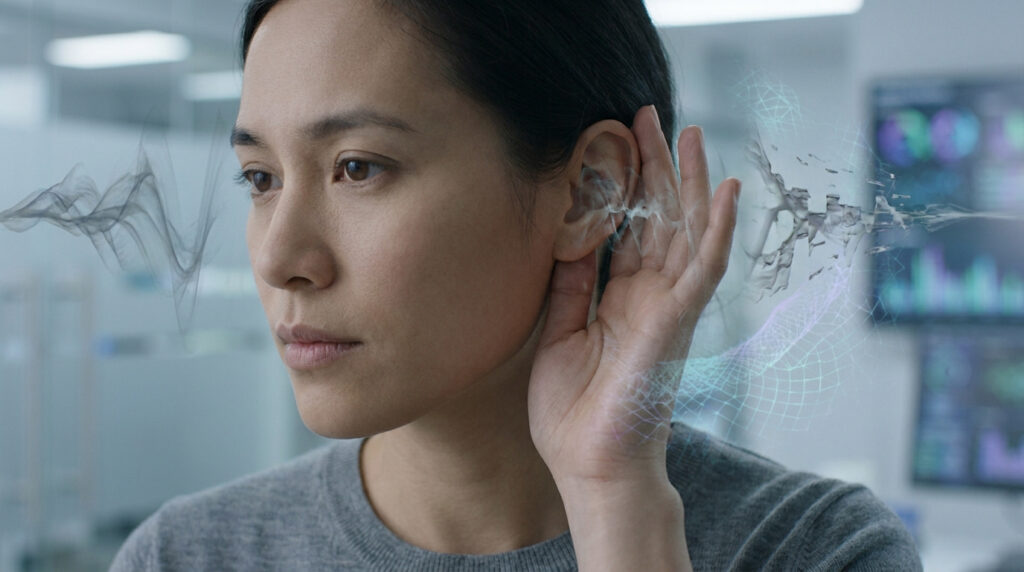 Une femme attentive place sa main derrière l'oreille tandis que des ondes sonores numériques flottent autour d'elle.