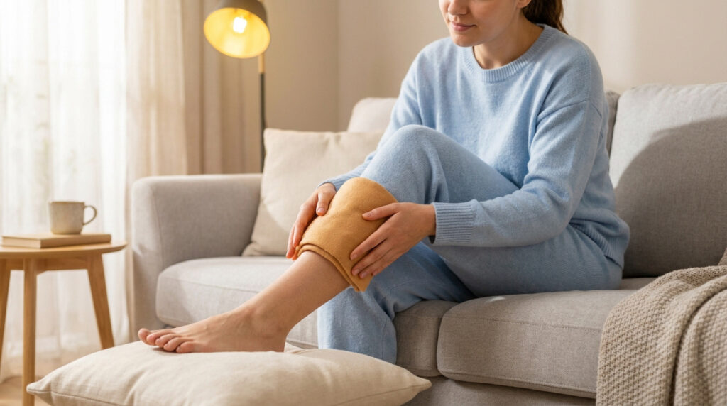 Une femme assise sur un canapé applique une bouillotte chaude sur sa jambe pour soulager la douleur.