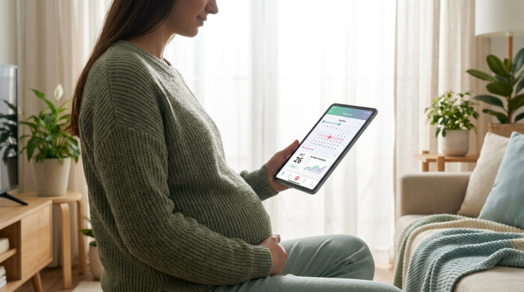 Femme enceinte assise dans un salon regardant le calendrier de grossesse sur une tablette.