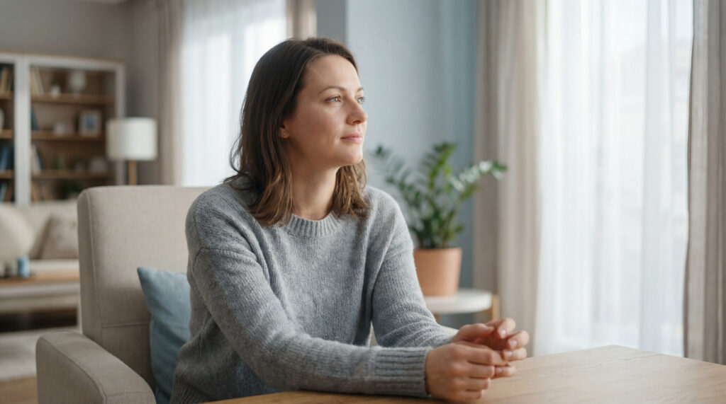Une femme pensive assise chez elle, regardant par la fenêtre dans une ambiance douce.