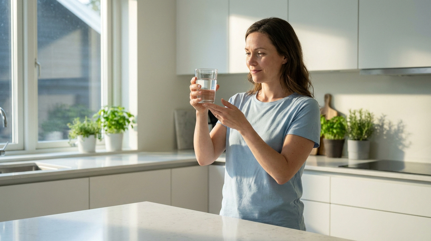 Une femme dans une cuisine lumineuse tient un verre d'eau avec attention.