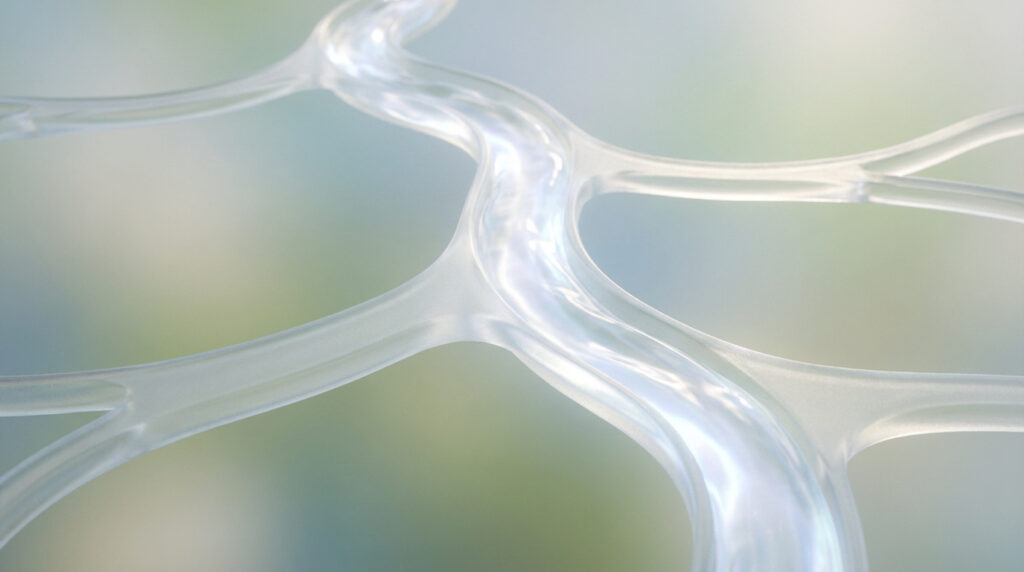 Illustration 3D montrant un réseau complexe de vaisseaux lymphatiques translucides et interconnectés.