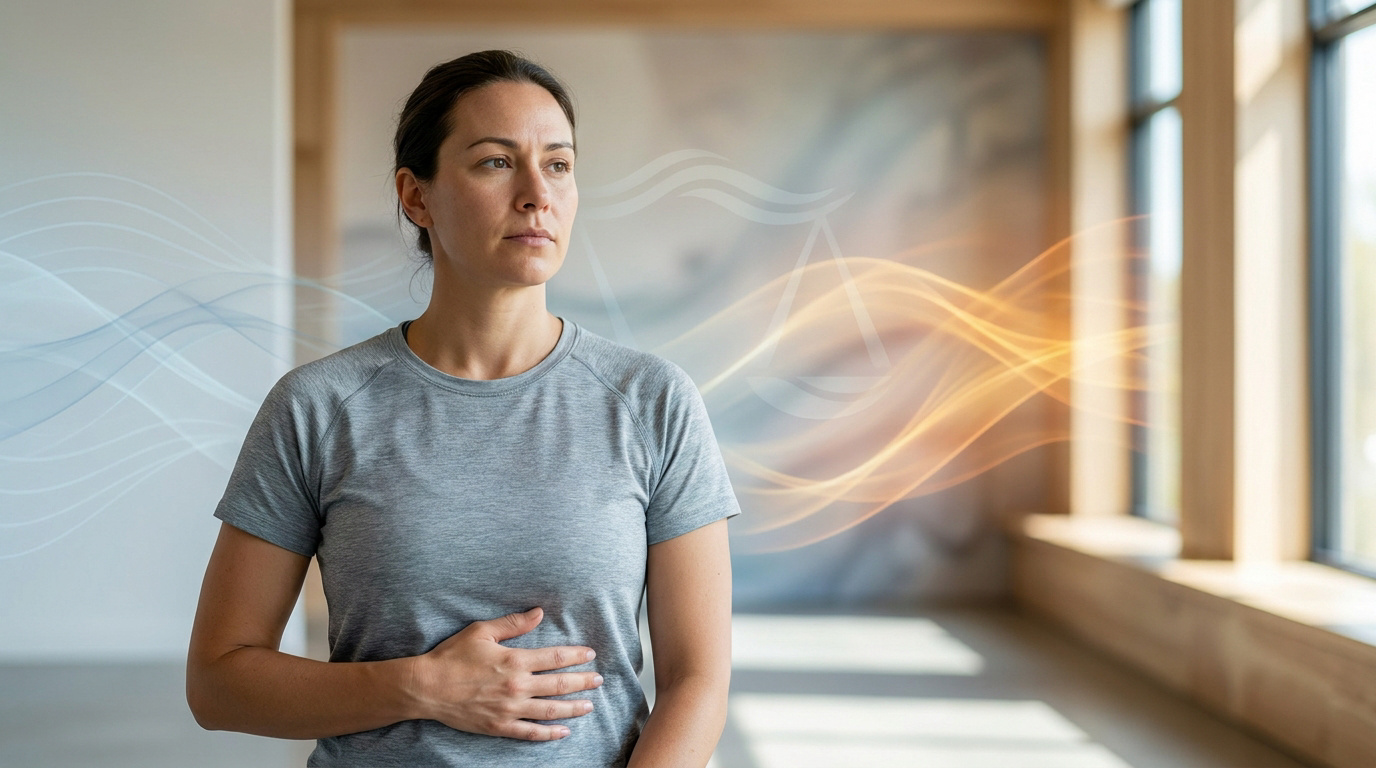Une femme pensive pose sa main sur son ventre avec des ondes visuelles représentant l'équilibre hormonal.