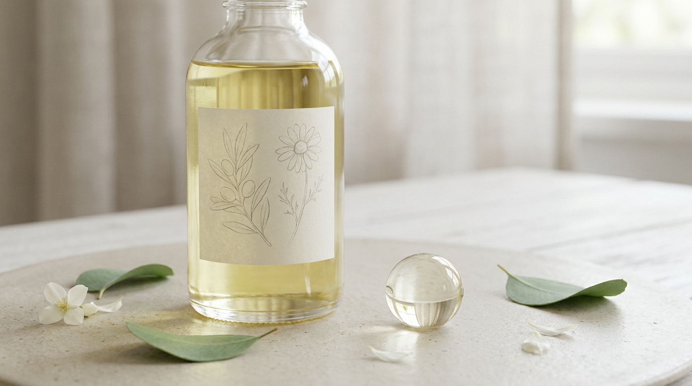 Une bouteille en verre d'huile dorée avec une étiquette illustrée de plantes, posée sur un plateau avec des feuilles.
