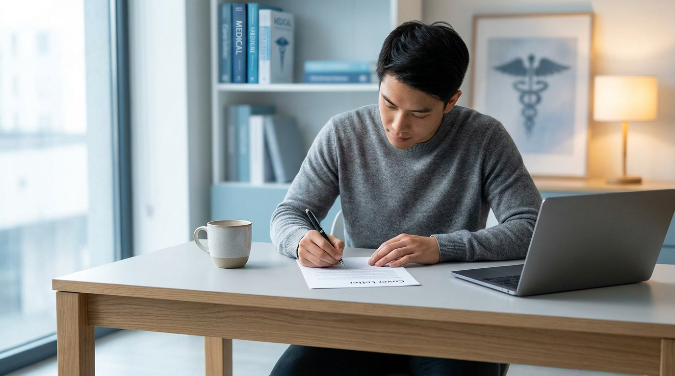Un jeune homme écrit une lettre de motivation à son bureau avec un ordinateur portable et des livres médicaux.