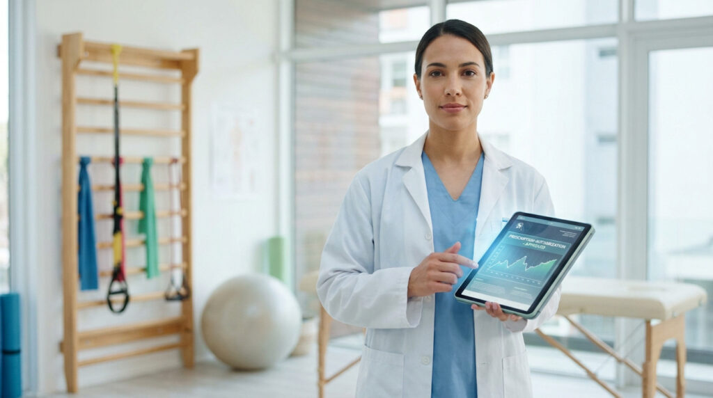 Une kinésithérapeute en blouse blanche montre un graphique de données médicales sur une tablette numérique.