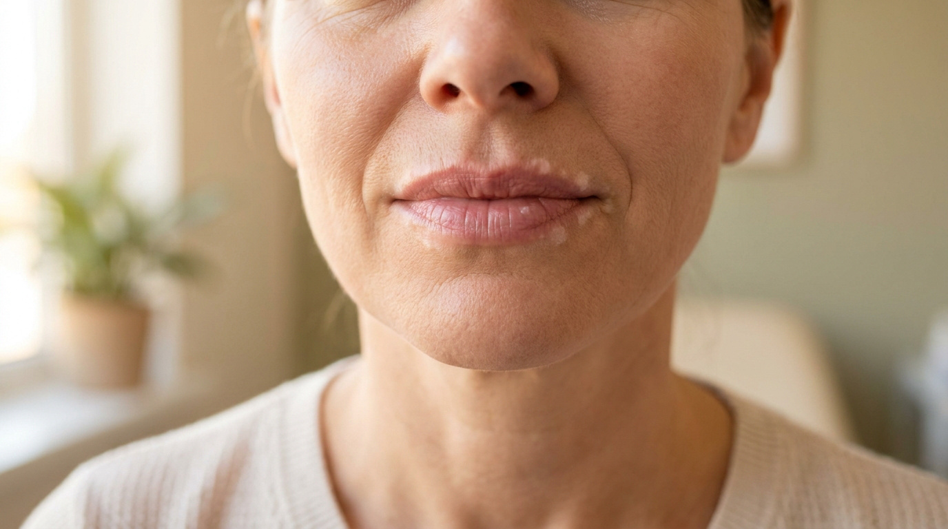 Gros plan sur le bas du visage d'une femme présentant des taches de dépigmentation cutanée caractéristiques du vitiligo.