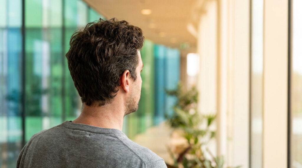 Homme de dos avec une chevelure dense et naturelle après une greffe de cheveux, dans un couloir moderne.