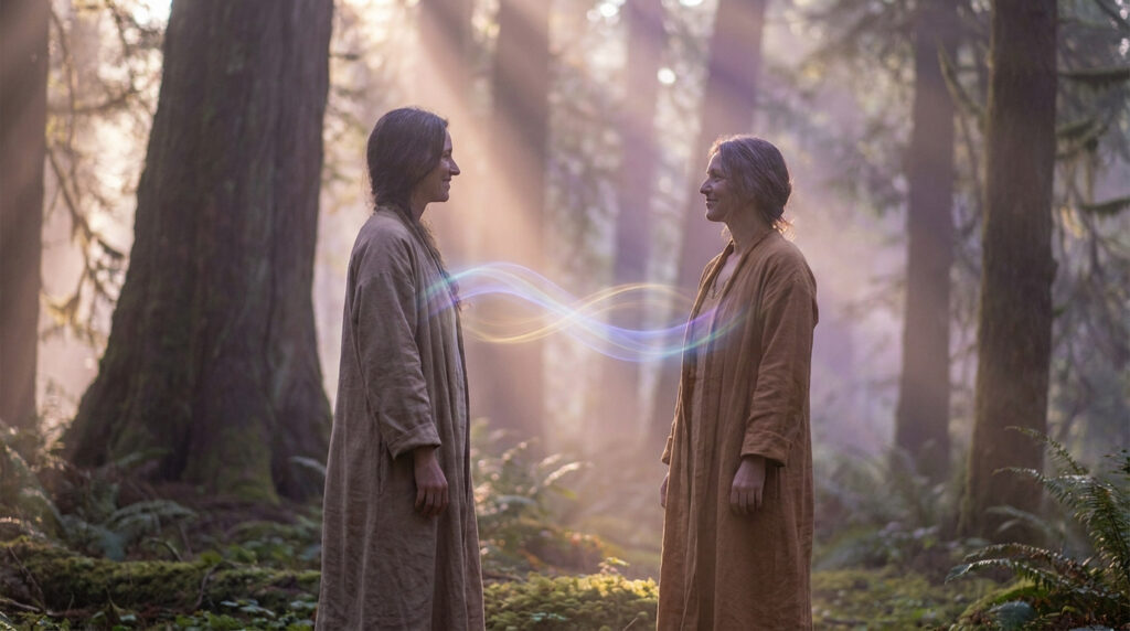 Deux femmes se faisant face en forêt, reliées par un flux d'énergie lumineuse et colorée.