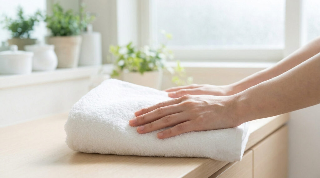 Mains posées sur une serviette de bain blanche et propre dans une salle de bain lumineuse.