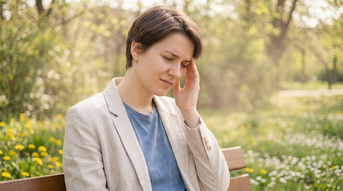 Une jeune femme assise sur un banc dans un parc se tient la tête, illustrant une douleur liée à une allergie.