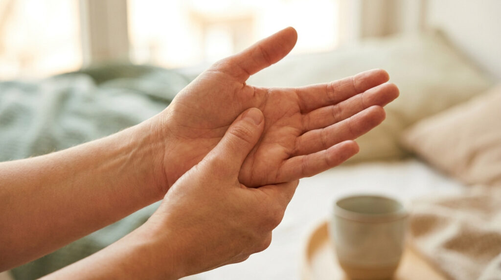 Une personne masse doucement le centre de sa paume, zone réflexe associée à l'estomac pour faciliter la digestion.