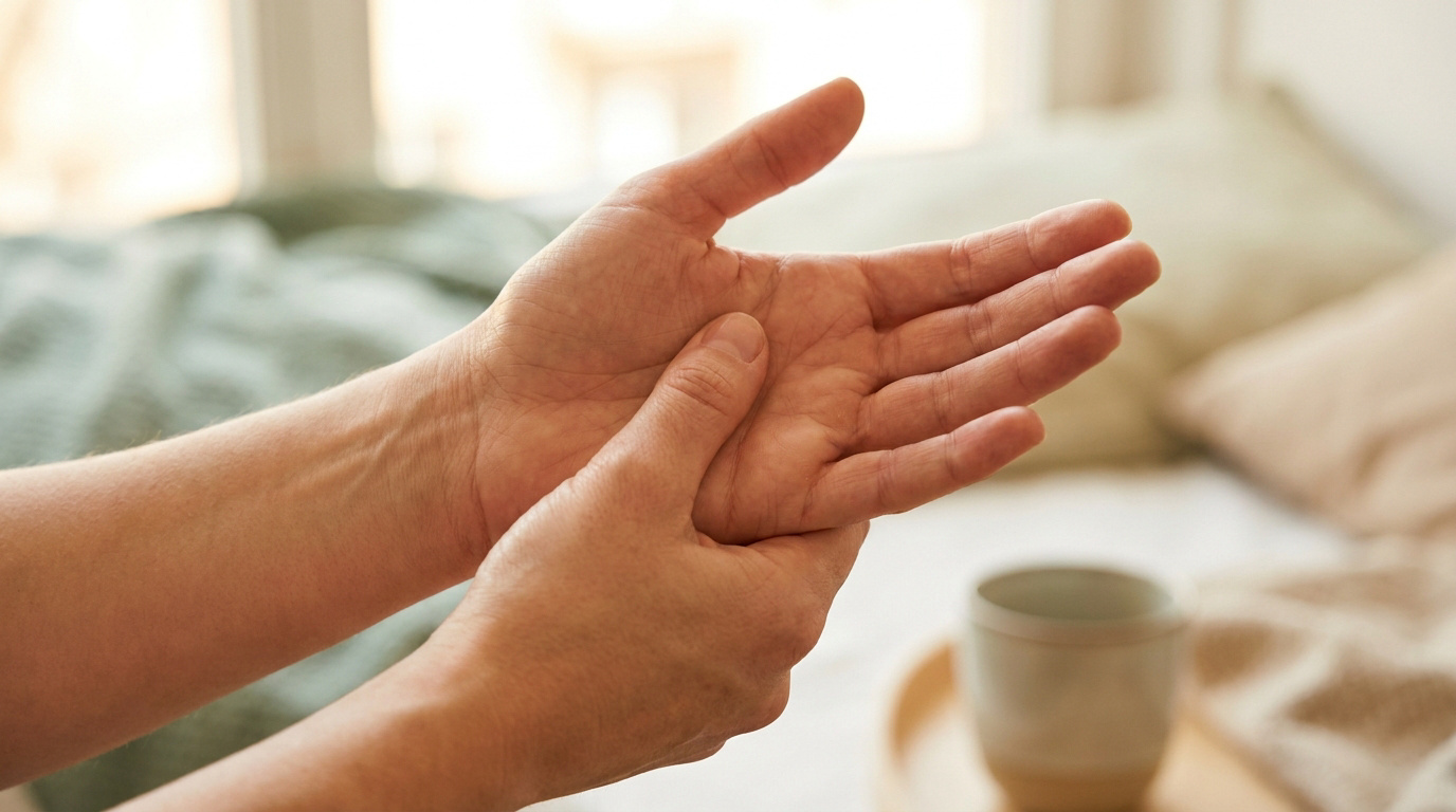 Une personne masse doucement le centre de sa paume, zone réflexe associée à l'estomac pour faciliter la digestion.