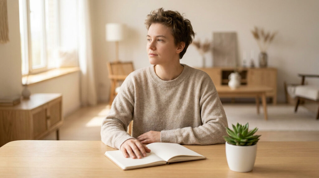 Personne pensive assise à un bureau avec un carnet ouvert dans un intérieur lumineux au style scandinave.