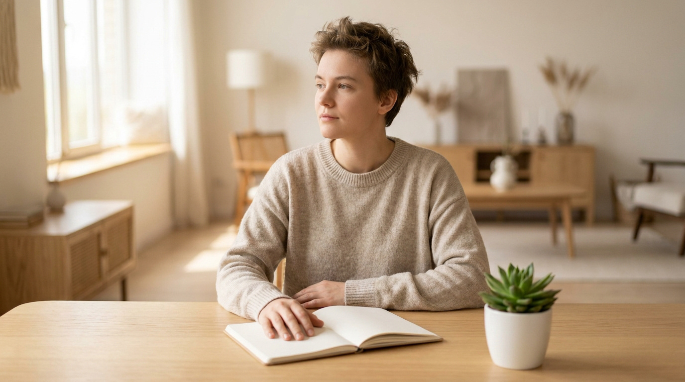Personne pensive assise à un bureau avec un carnet ouvert dans un intérieur lumineux au style scandinave.