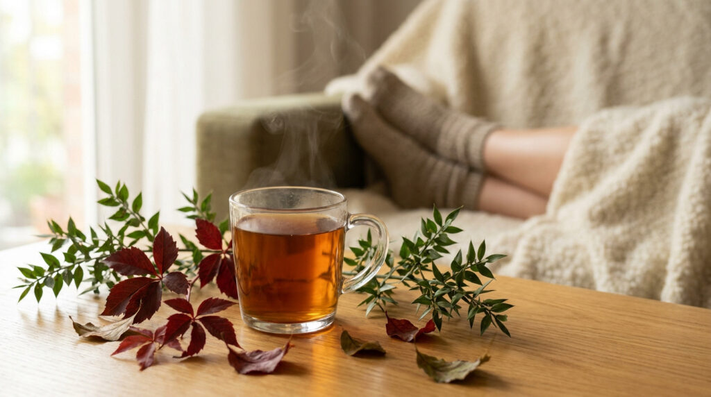 Une tasse de tisane fumante sur une table en bois avec des feuilles, et une personne se reposant en arrière-plan.