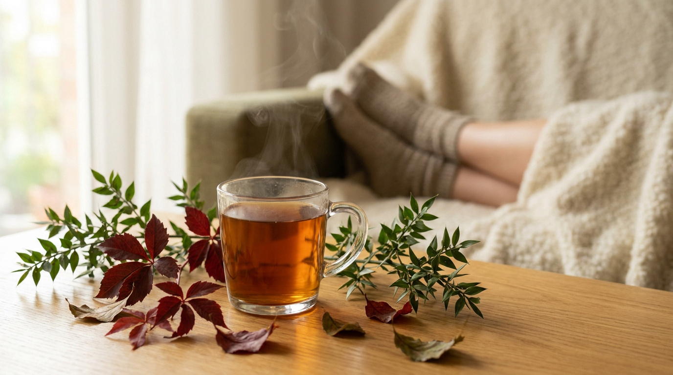 Une tasse de tisane fumante sur une table en bois avec des feuilles, et une personne se reposant en arrière-plan.