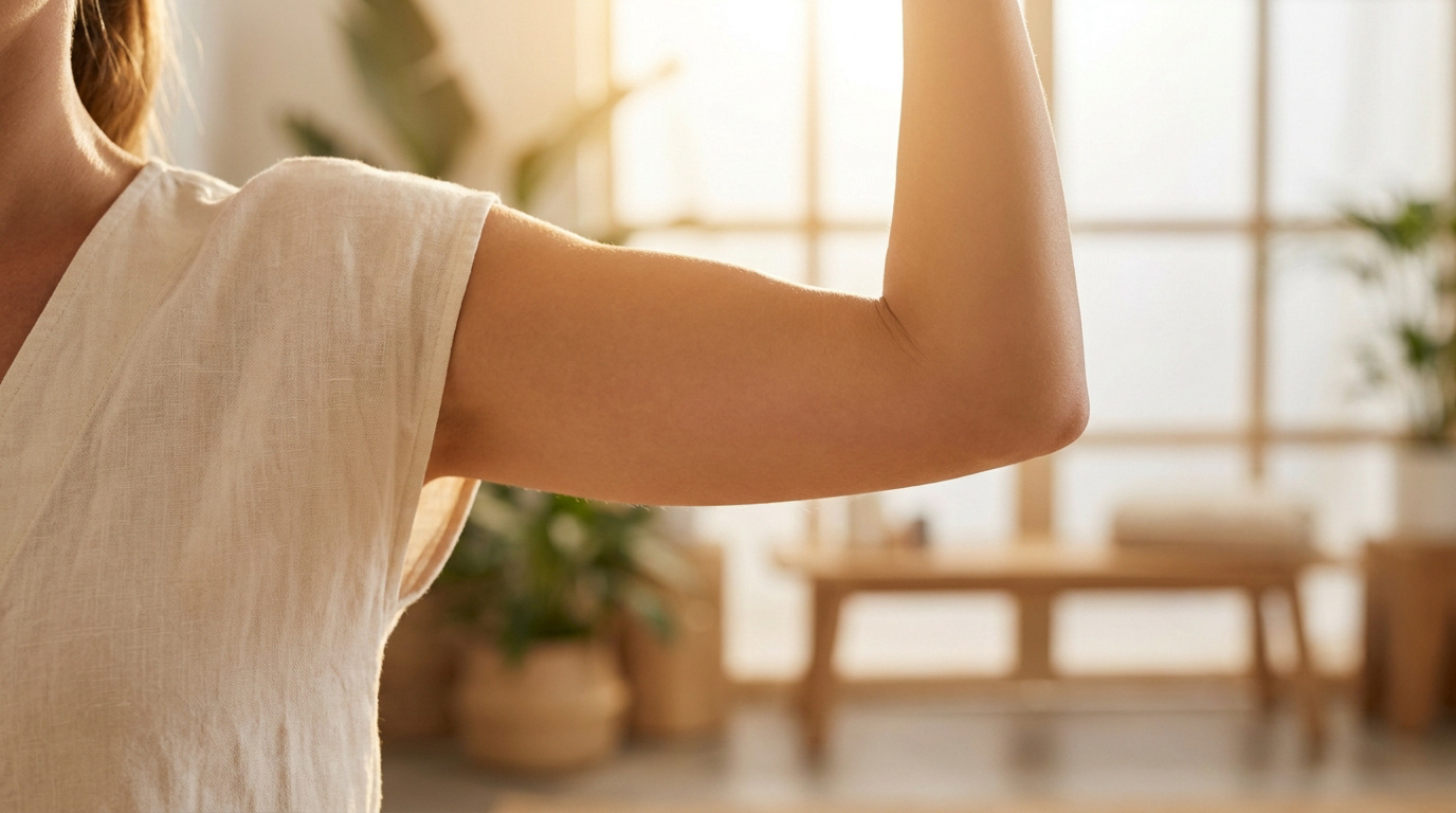 Gros plan sur le bras d'une femme portant un haut blanc clair, dans un intérieur lumineux et apaisant.