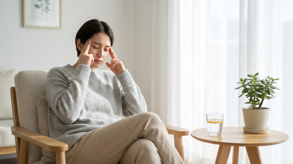 Femme assise dans un fauteuil, massant ses tempes, souffrant d'un mal de tête lors d'une cure détox.