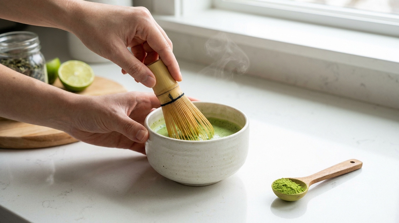 Mains utilisant un fouet en bambou pour mélanger du thé matcha chaud dans un bol en céramique blanc.
