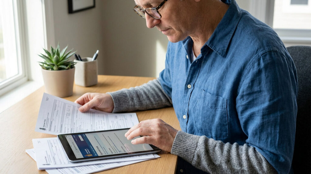 Un homme consulte des documents administratifs et une tablette numérique sur son bureau pour préparer un dossier MDPH.