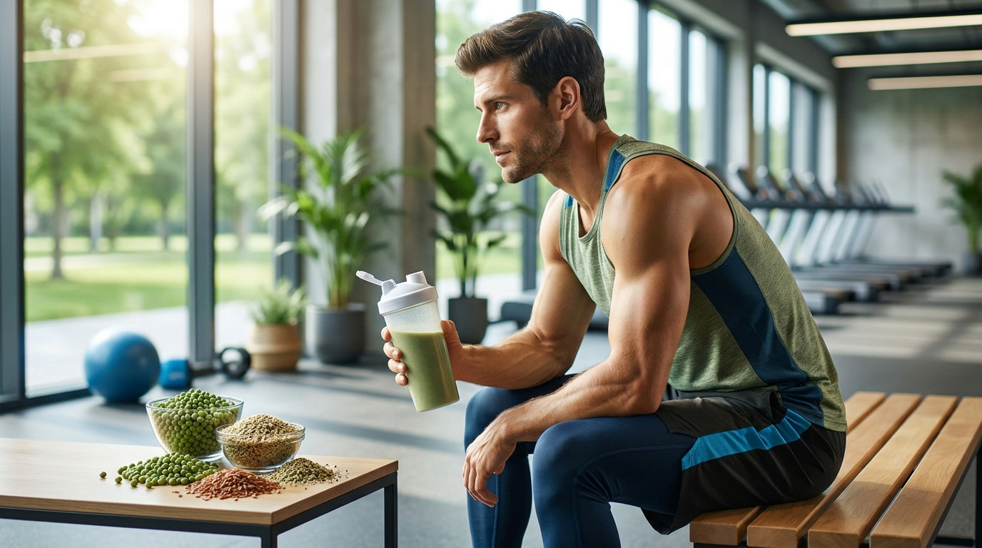 Un athlète en salle de sport tenant un shaker de protéine végétale à côté de bols de légumineuses et de graines.