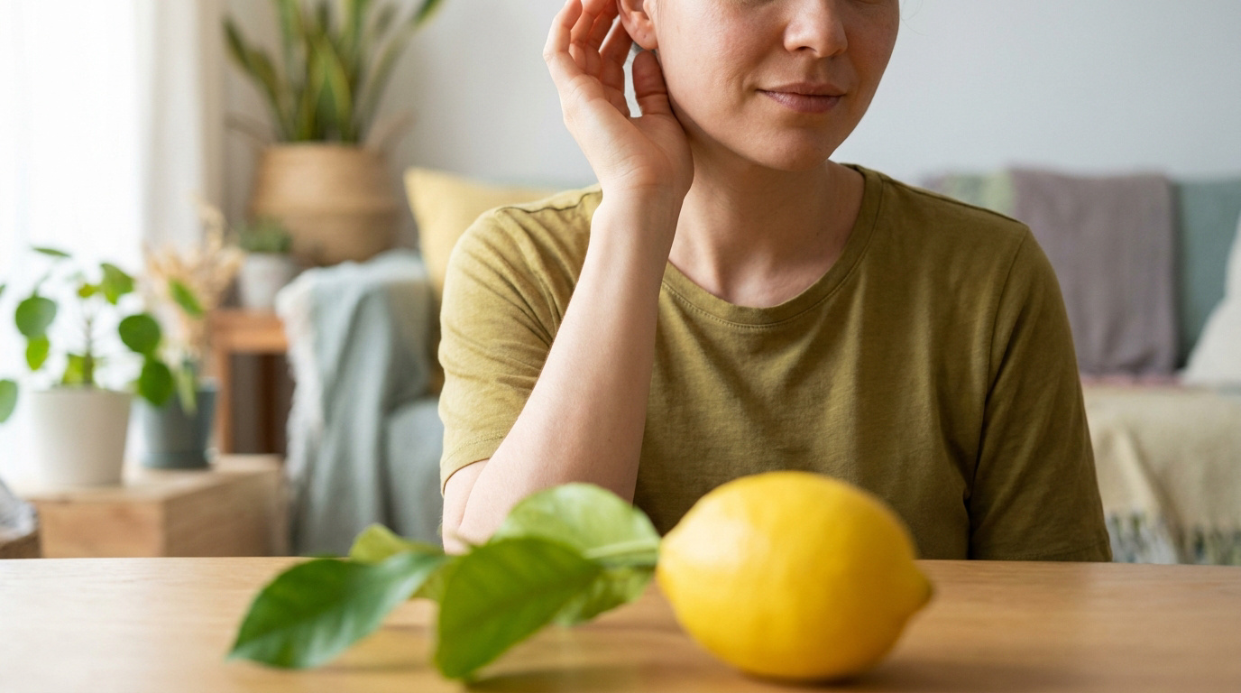 Une femme assise à une table avec un citron devant elle, portant sa main à son oreille.