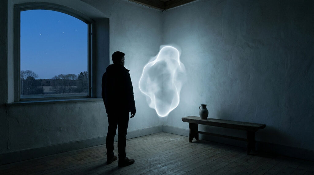 Un homme observe une forme lumineuse éthérée flottant dans l'angle d'une pièce sombre au crépuscule.