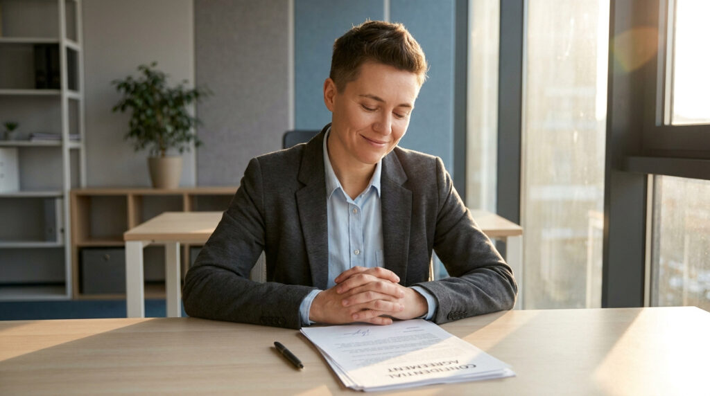 Personne en tenue professionnelle assise à un bureau devant un document de rupture conventionnelle, l'air serein.