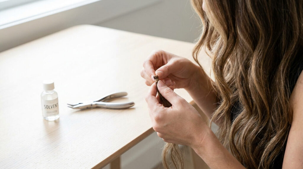 Une femme manipule une mèche d'extension de cheveux avec une pince et un flacon de solvant posés sur une table.