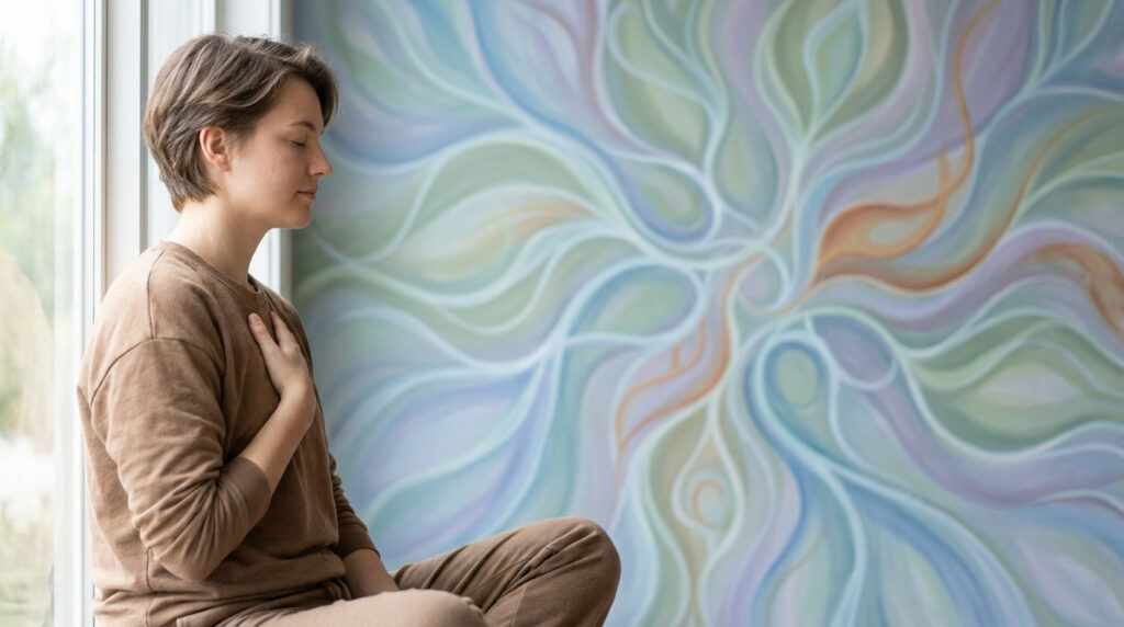 Une personne assise les yeux fermés, la main sur la poitrine devant une peinture murale aux formes abstraites et fluides.
