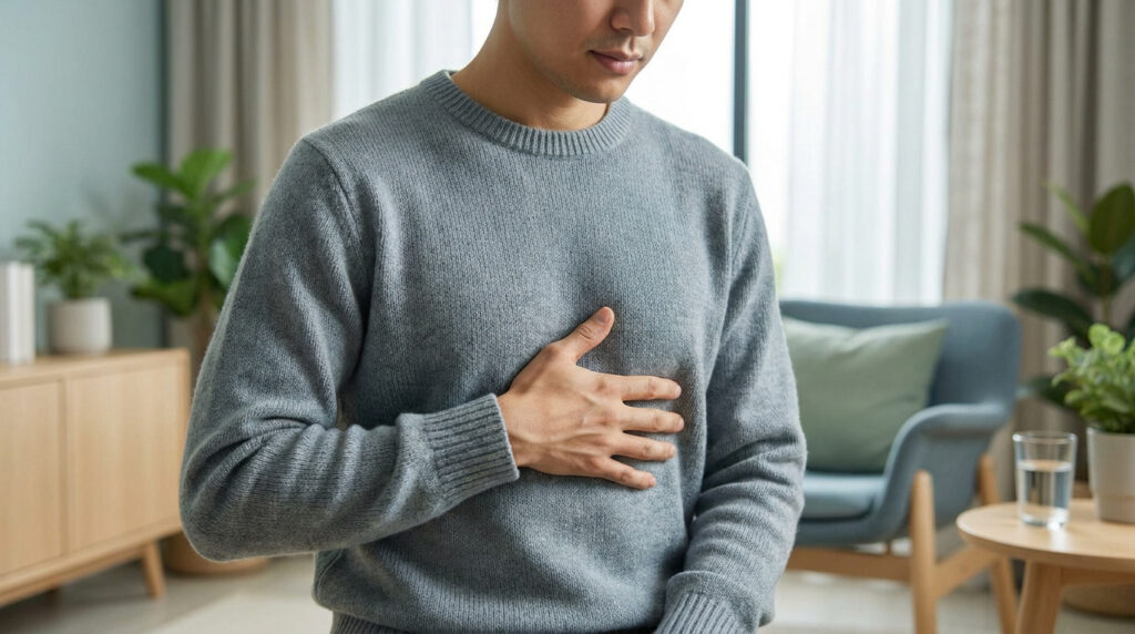 Un homme vêtu d'un pull gris tient sa poitrine avec sa main en signe de douleur, à l'intérieur d'un salon lumineux.