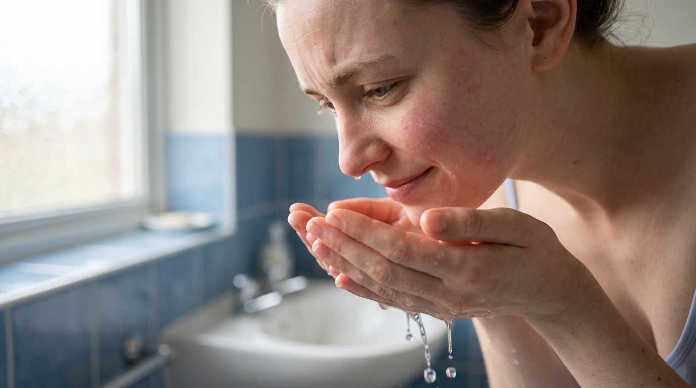 Une femme se rince le visage à l'eau pour soulager une irritation cutanée dans sa salle de bain.