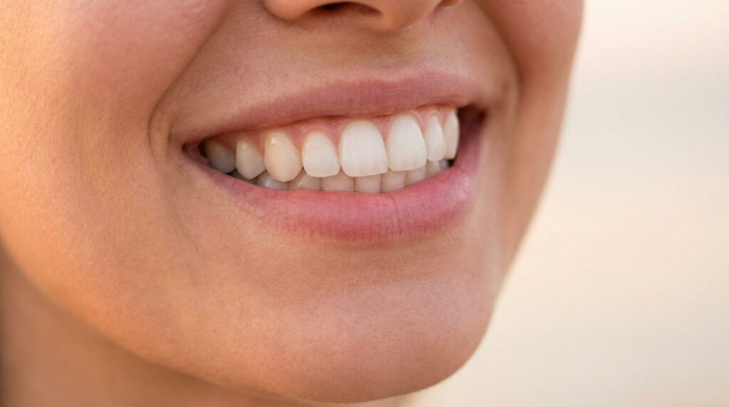 Gros plan sur le sourire d'une femme montrant des dents blanches et alignées.