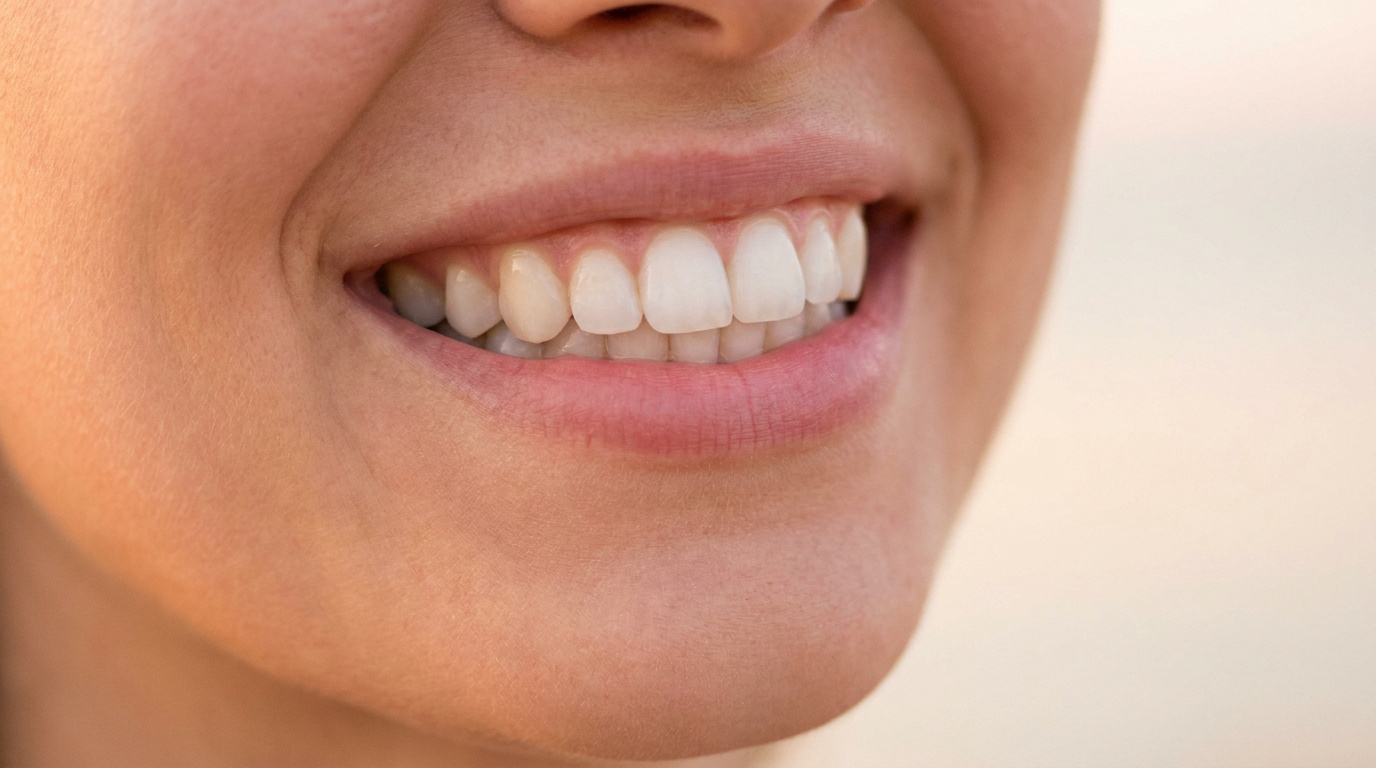 Gros plan sur le sourire d'une femme montrant des dents blanches et alignées.