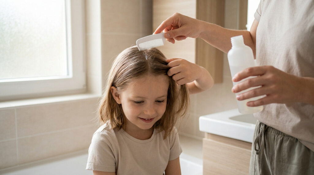 Une mère utilise un peigne fin pour traiter les cheveux de sa fille contre les poux dans une salle de bain.