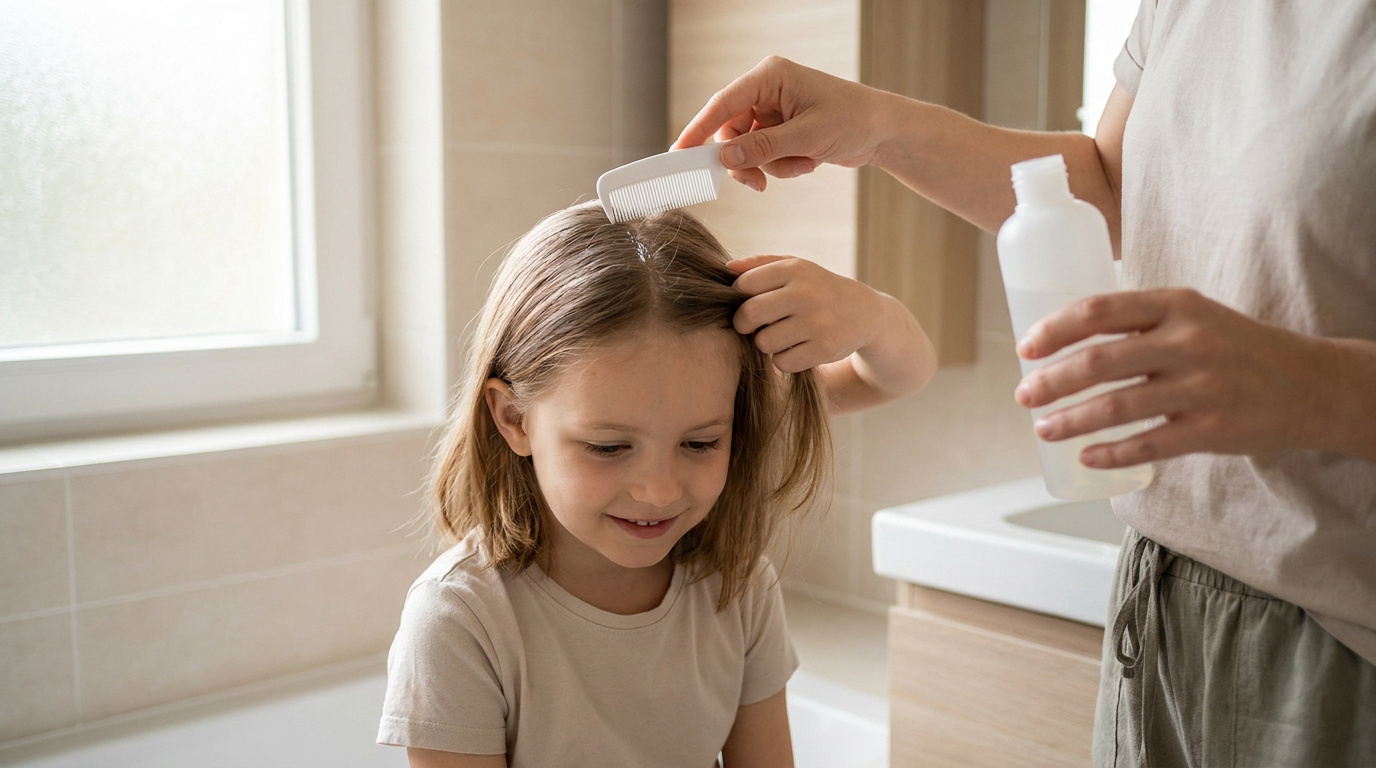 Une mère utilise un peigne fin pour traiter les cheveux de sa fille contre les poux dans une salle de bain.