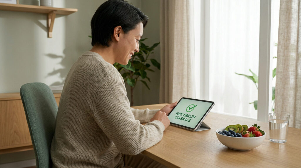 Une personne consulte une tablette affichant « 100% HEALTH COVERAGE » avec un bol de fruits frais à côté sur une table.