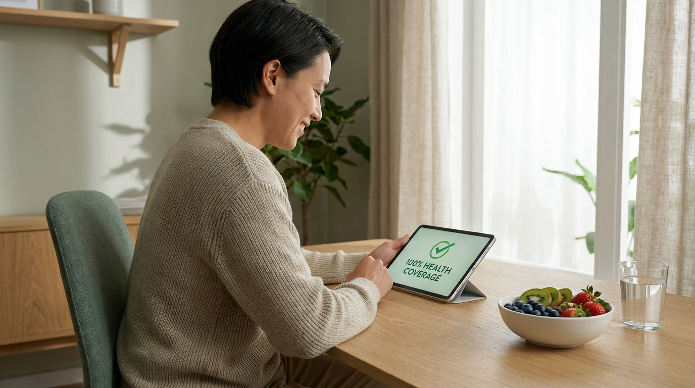 Une personne consulte une tablette affichant « 100% HEALTH COVERAGE » avec un bol de fruits frais à côté sur une table.