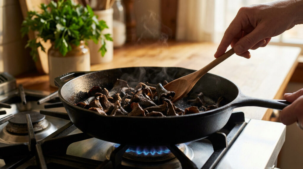 Une main remue des trompettes de la mort qui cuisent dans une poêle en fonte sur une cuisinière à gaz.