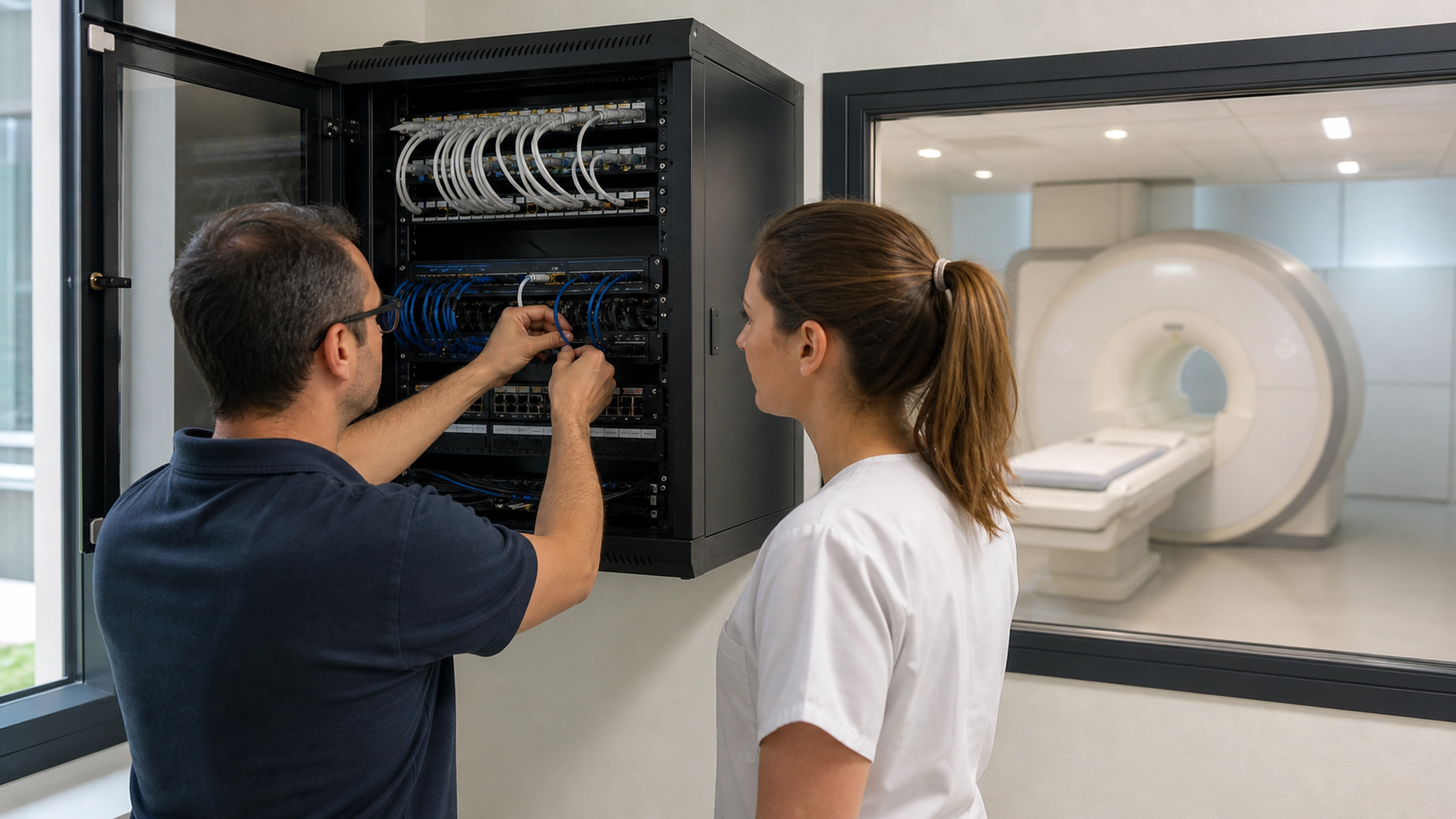 Technicien sécurisant le réseau informatique d'un centre d'imagerie médicale