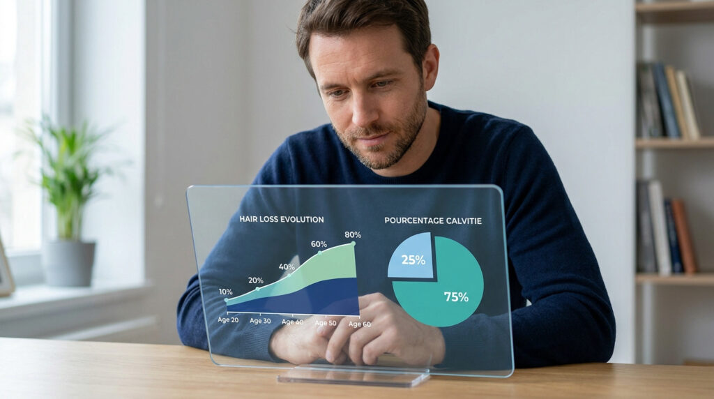 Homme observant un graphique holographique sur l'évolution de la calvitie selon l'âge.