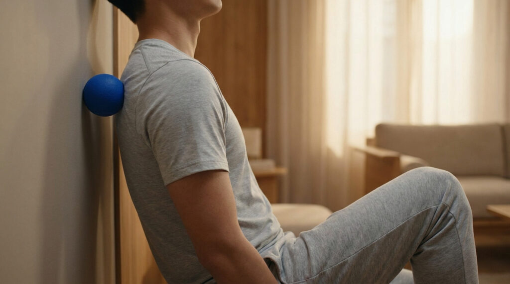 Un homme utilise une balle de massage bleue contre un mur pour soulager son omoplate dans un salon lumineux.