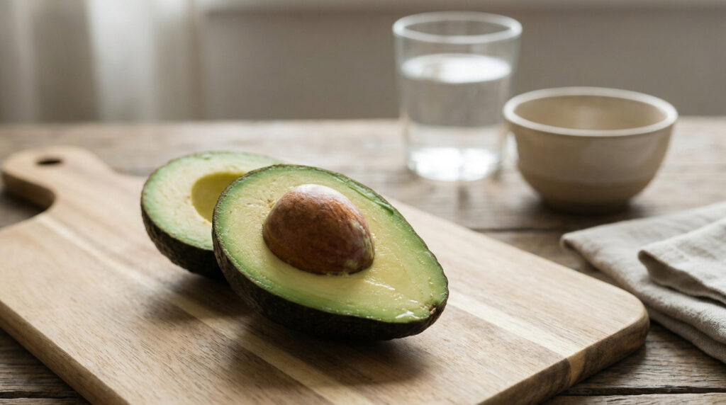 Un avocat coupé en deux sur une planche à découper en bois, avec un verre d'eau et un bol en arrière-plan.