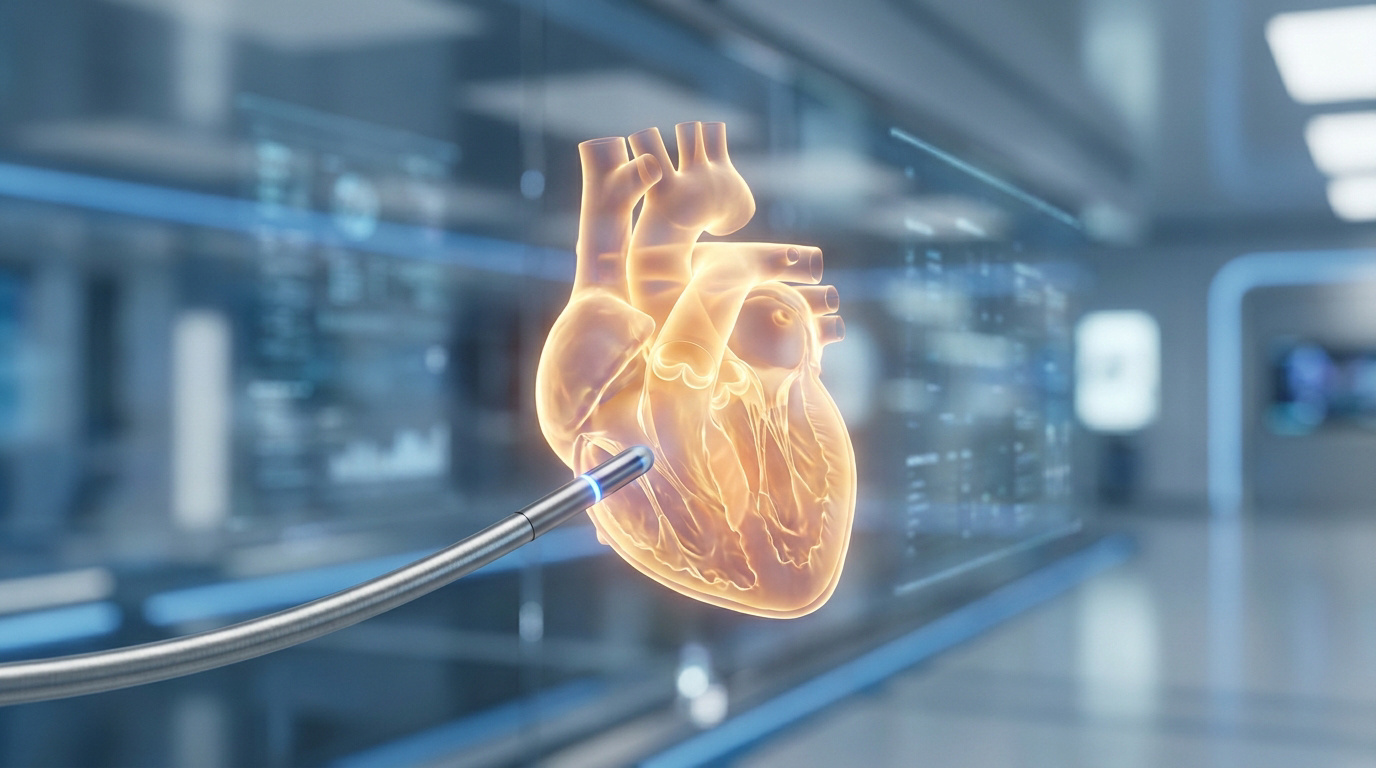 Représentation 3D holographique d'un cœur humain avec un cathéter médical intervenant sur une valve.